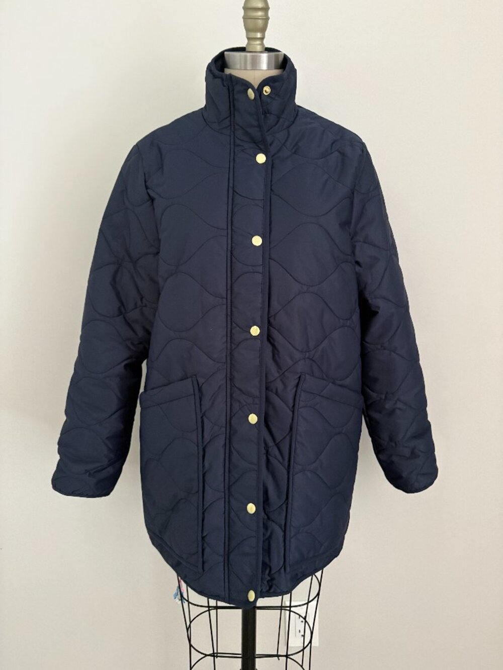 Quince Featherless Quilted Long Puffer Jacket Coat Navy Gold Snaps Preppy Chic M